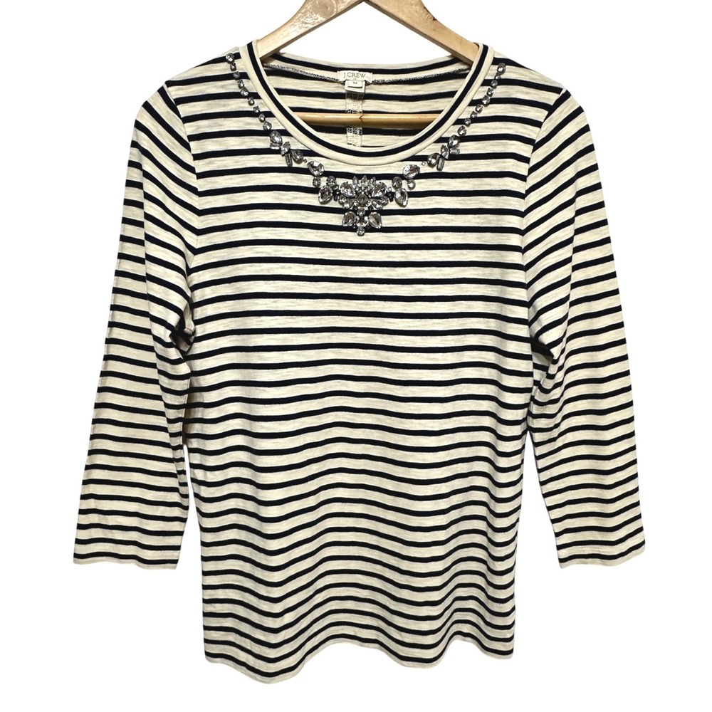 J. Crew Striped Embellished Jewel Neck Top Womens Medium Cotton Tee Nautical Y2K